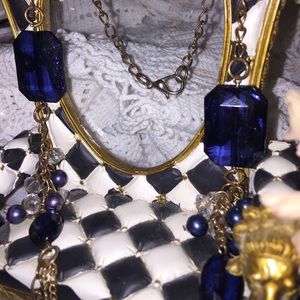 Blue stone/pearl style long chain necklace